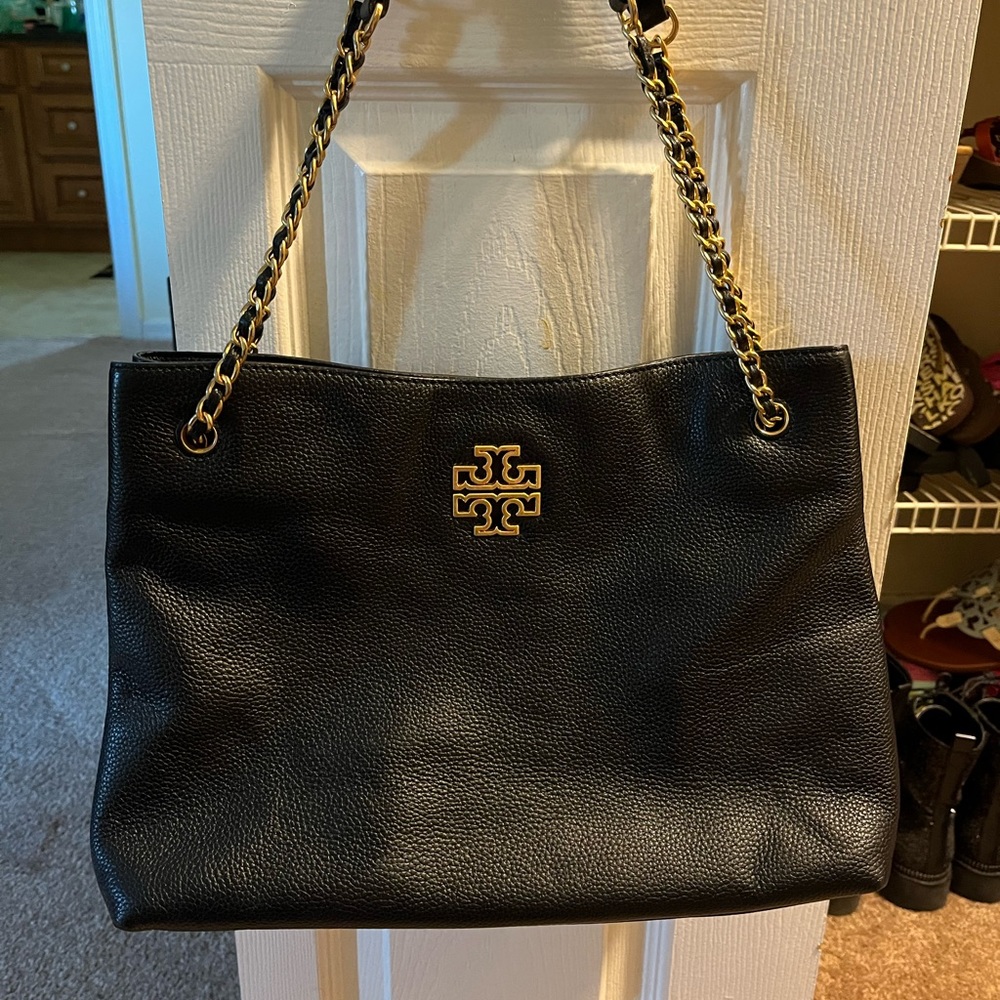 Tory Burch Black, gold pebble leather Britten triple compartment purse